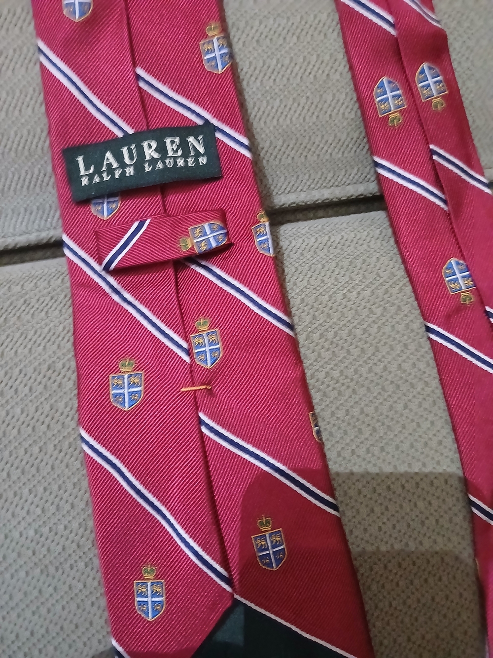 Lauren Ralph Lauren Vintage Red Crest Stripe Silk Tie, Preppy, Ivy League